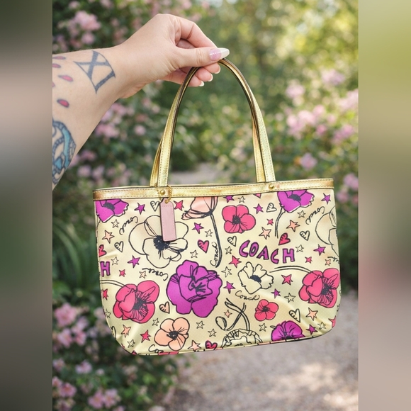 Coach Handbags - Coach Poppy Floral Tote Bag - Pink and Gold